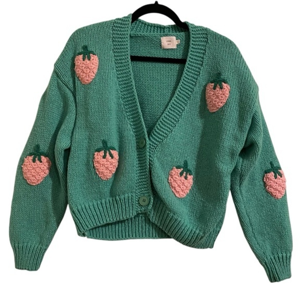 LUNA IVY Green Strawberry Knit Cardigan Sweater Size Small